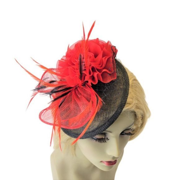 Red and Black Fascinator on Oval Base Sinamay Floral Accent with Feathers - Picture 3 of 16
